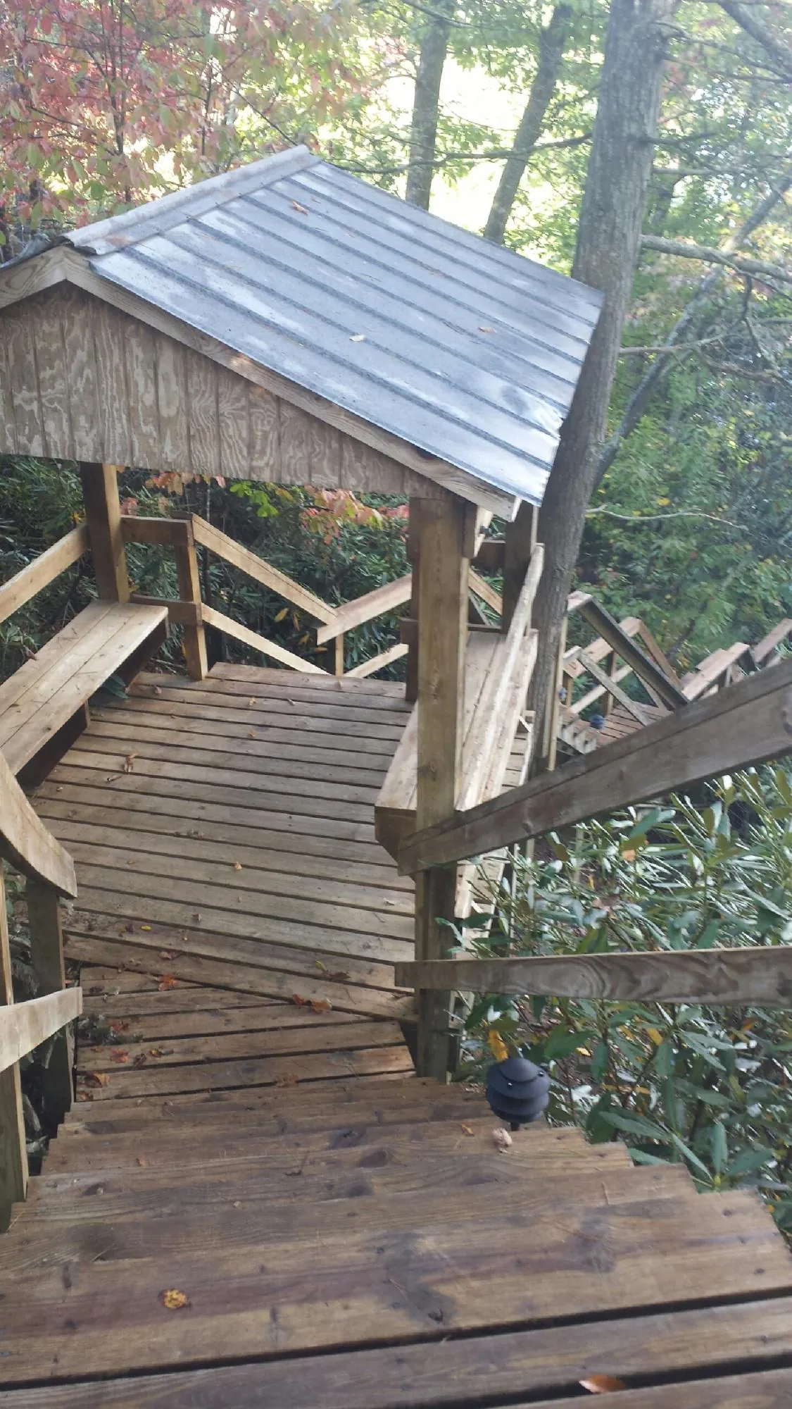 Metal roofed shelter over wooden steps on a wooded walkway — Skylight Repair & Installation work by our crew in Bishopville